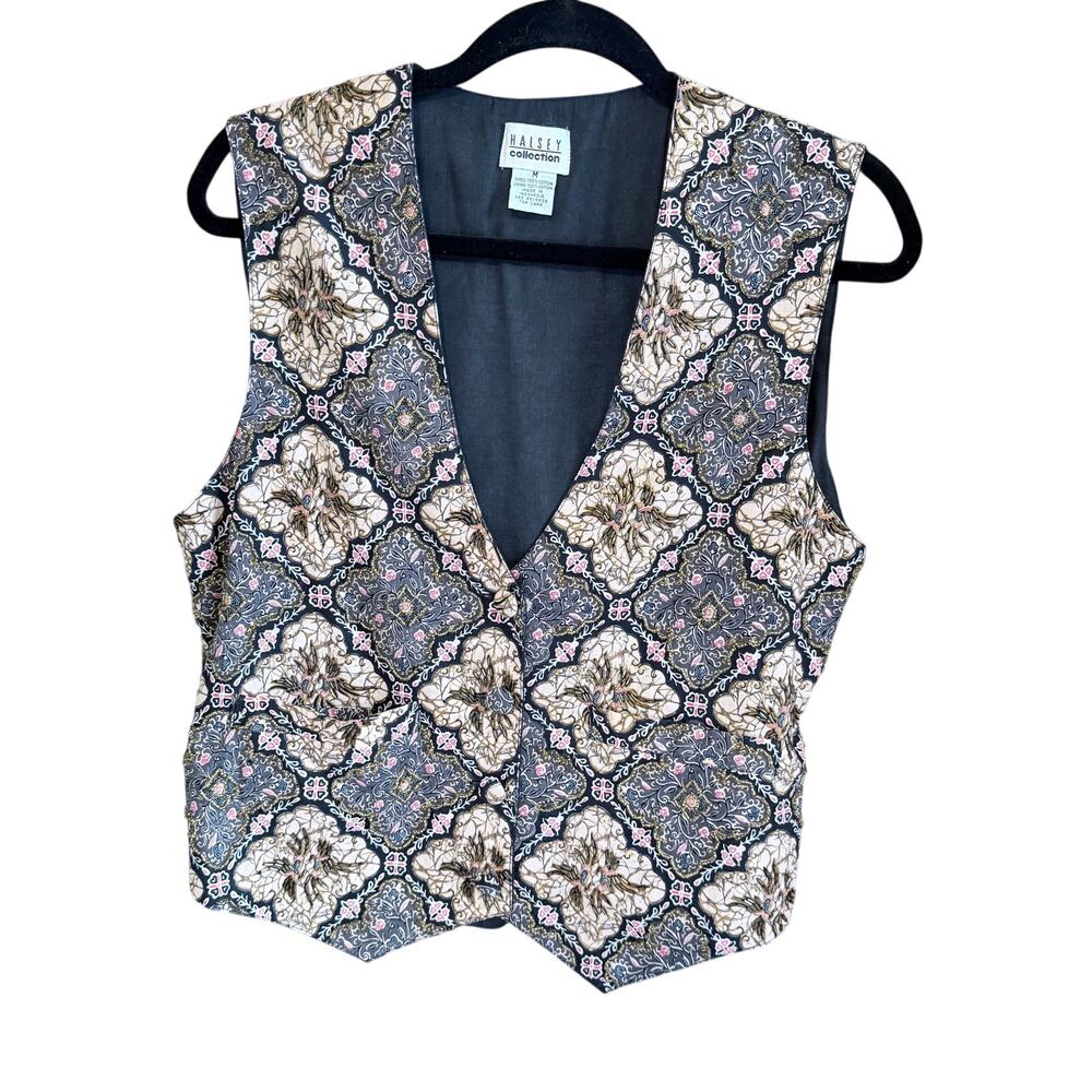 Vintage Halsey Collection womens medium beaded cotton button front vest mosaic